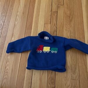 Red Wagon Blue Knit Sweater with Train Design